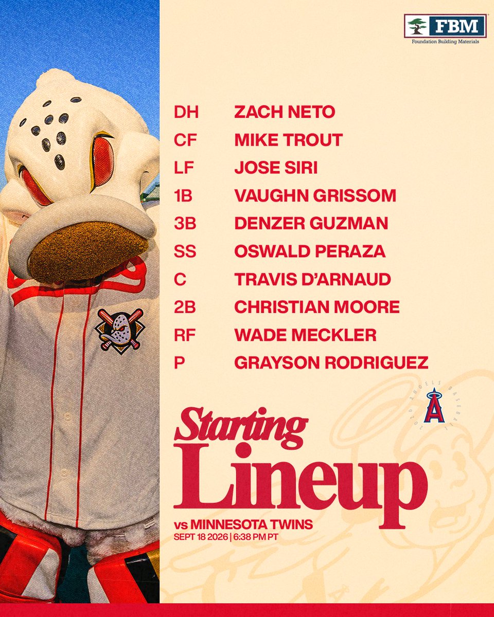 September 18 Lineup vs Twins: DH Zach Neto, CF Mike Trout, LF Jose Siri, 1B Vaughn Grissom, 3B Denzer Guzman, SS Oswald Peraza, C Travis d'Arnaud, 2B Christian Moore, RF Wade Meckler, P Grayson Rodriguez.