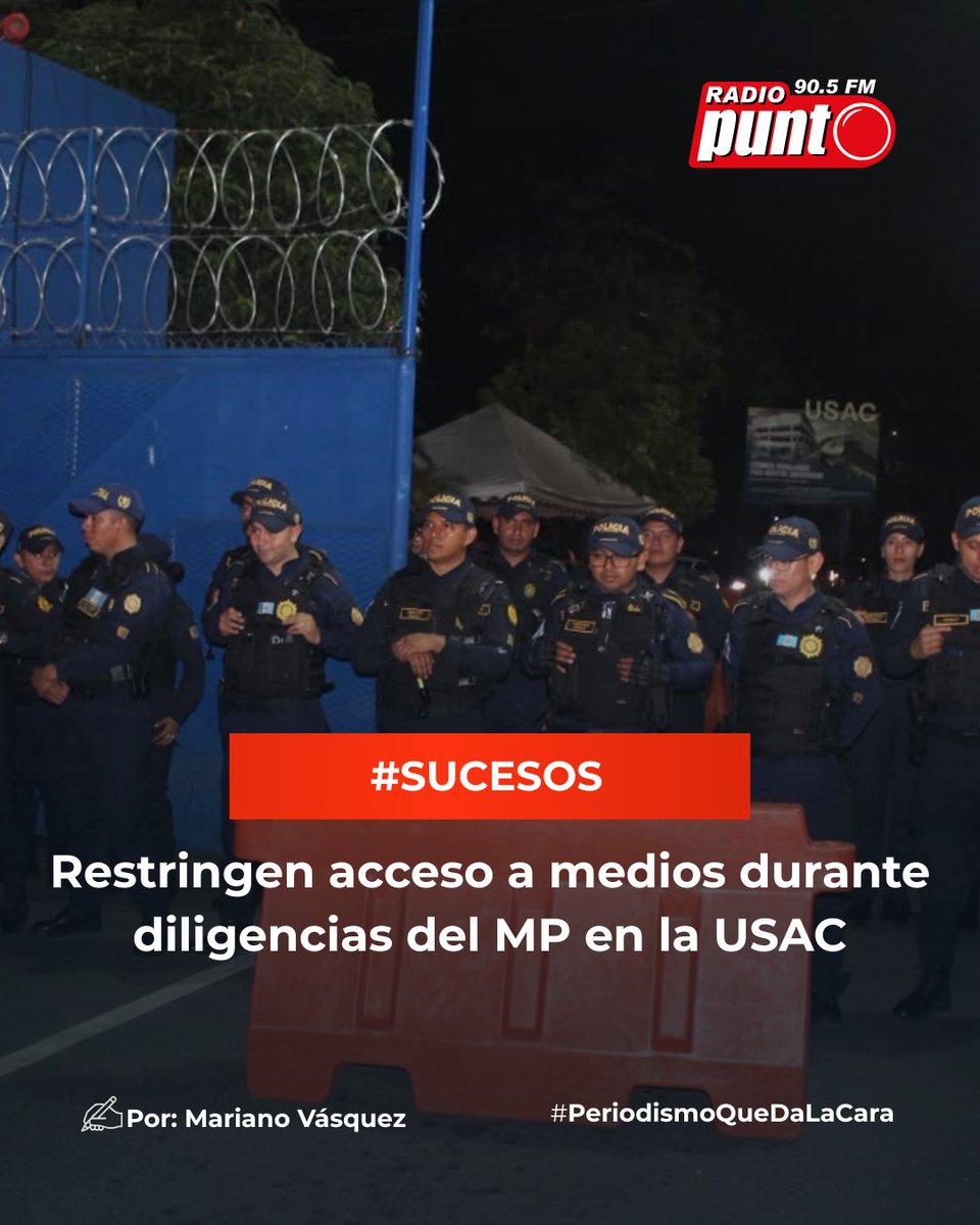 RadioPuntoGT's tweet photo. #SUCESOS #Nacionales 🚨 | Medios de comunicación no han podido ingresar al área donde el Ministerio Público (MP), en coordinación con la Policía Nacional Civil (PNC), realiza diligencias en el campus central de la Universidad de San Carlos de Guatemala (USAC).

De manera preliminar, se presume que las autoridades recaban indicios relacionados con estudiantes que fueron expulsados de la universidad. Hasta el momento, no se han brindado detalles oficiales sobre los resultados del procedimiento.

Vía: Mariano Vásquez

| #PeriodismoQueDaLaCara |