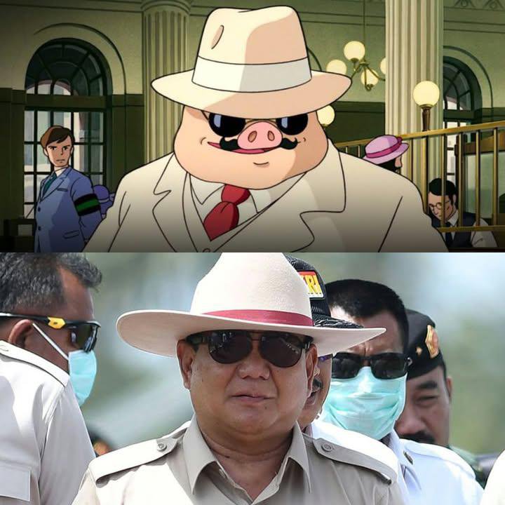 satirnesia's tweet photo. yang atas karakter anime dari studio ghibli, namanya porco rosso, dia pilot yang dikutuk jadi babi. kalo yang bawah itu kutukan yang menjadi presiden indonesia. 

tapi emang mirip, kah? 😹 https://t.co/TYQD3azrwO
