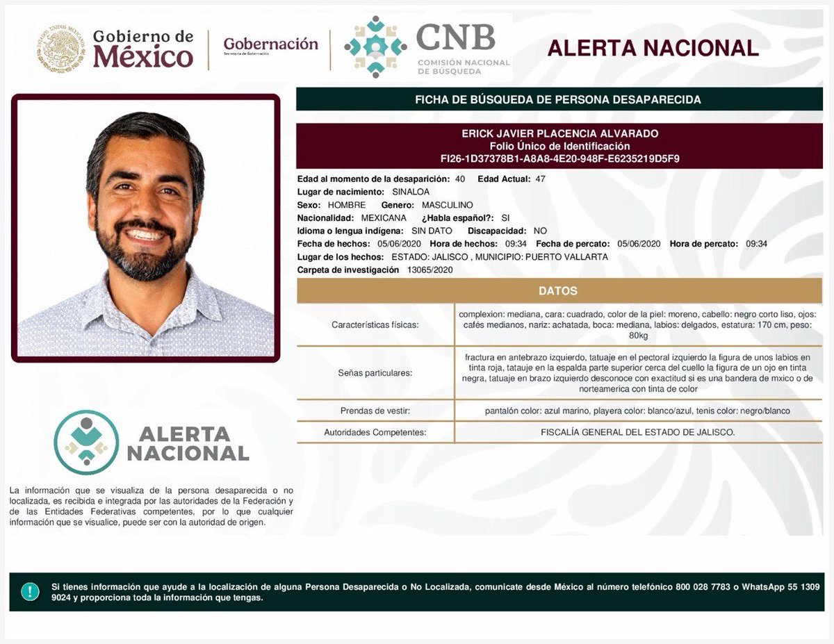AAMBER_JAL's tweet photo. 🚨 Solicitamos su apoyo para localización de persona 🚨

⚖️ Alerta Amber Jalisco y @FiscaliaJal en coordinación con la @Busqueda_MX , solicitan su apoyo para la difusión de la cédula informativa con el objetivo de localizar a

ERICK JAVIER PLACENCIA ALVARADO https://t.co/vFMKbALnEC