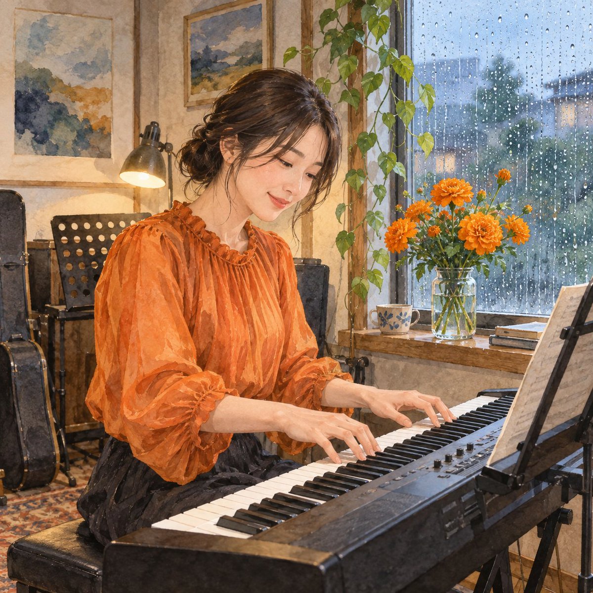 kh5mjcf9's tweet photo. 雨よ… 降り続け〜マリーゴールドがまた澪を連れてきた日〜

数日前、雨上がりの道でマリーゴールドを撮りました。

鮮やかなオレンジ色の花びらには、雨粒がいっぱい残っていました。

明るい色なのに、どこか切ない。

笑っているようにも、泣いているようにも見える、不思議な表情。

花言葉は国や資料によって少しずつ違います。

温かな花言葉として挙げられるのが、「友情」や「信頼」。

その一方で、「悲しみ」や「悲嘆」という言葉も紹介されています。

明るさと悲しさを、同じ花が抱えている。

それは、今回の写真に重なるような気がしました。

そして、3年前に亡くなった大切な音楽仲間を思い出したのです。

恋人ではなく、大切な音楽仲間。

でも、人生の大切な時間を一緒に過ごした人でした。

最初に、このマリーゴールドさんを観て生まれた物語を詩に置き換えてお届けしますね🙇‍♂️🎵

【詩「雨の向こうのマリーゴールド〜澪の足跡〜」】

僕たちは

恋人ではなかった。

澪（みお）には澪の人生があって

僕には僕の人生があった。

ただ、

いつものスタジオで

いつものようにギターを弾き始めると

隣にはいつものように澪がいた。

澪が鍵盤に指を置く。

その音を追いかけるように

僕がギターを鳴らす。

僕のギターに

澪のピアノがそっと重なる。

言葉なんかなくても

音と音で

会話ができた。

初めて一緒に

ステージに立った日。

みんなで揃えた衣装は

鮮やかなオレンジ色だった。

少し照れながら

同じ色の衣装を着て、

ステージに上がった。

澪が鍵盤を弾く。

僕がギターを弾く。

演奏が終われば

顔を見合わせて笑った。

そんな時間が

これからもずっと続くんだと

勝手に思っていた。

ある日、

澪が病気になったと聞いた。

聞いたこともないような

病気の名前だった。

「大丈夫なの？」

そう聞く僕に、

澪はいつものように笑った。

だから僕も

きっと大丈夫なんだと思った。

いや……

そう思いたかった。

しばらくして

澪のいないステージが

少しずつ増えていった。

ギターが鳴る。

ベースが鳴る。

ドラムも鳴る。

音楽はちゃんと

鳴っている。

なのに……

僕のギターの隣に

いつも重なっていた

あの鍵盤の音がない。

何かひとつ、

大切な音が

足りなかった。

そしてある日、

澪はいなくなった……

もう一度くらい

一緒に演奏できると

思っていた。

もう一度くらい

くだらない話ができると

思っていた。

もう一度くらい

「じゃあ、またね」

と言えると思っていた。

人って

不思議だね…

最後だと分かっていたら

もっとちゃんと

顔を見ていたのに。

もっと話を

聞いていたのに。

もっとたくさん

ありがとうを

言ったのに。

そしてある日、

雨上がりの道で

一輪の

マリーゴールドを見つけた。

オレンジ色の花びらには

雨粒が

いっぱい残っていた。

泣いているみたいだった。

だけど、

その花は

雨に濡れながらも

鮮やかなオレンジ色で

ちゃんと咲いていた。

その時、

澪の笑った顔を

思い出した。

そうか……

悲しいから

思い出すんじゃない。

大切だったから

思い出すんだ。

今でも

ギターを弾いていると

ふと、

あの鍵盤の音が

聞こえてくる時がある。

もちろん

澪はいない。

それでも僕の中では

今も時々、

僕のギターに

澪のピアノが

重なってくる。

雨よ……降り続け。

涙を隠してくれ。

Rain…Keep Coming.

その雨が

澪との記憶を

連れてきてくれるのなら。

雨上がりには

きっとまた

オレンジ色の花が咲く。

そして

澪……

一緒に音楽やれて

楽しかったよ。

そして

澪……

お前と出会えて

本当によかった。

【ここからは、僕の実話です】

ここまで物語として書きましたが、この詩には実際の記憶があります。

僕も3年ほど前、一緒に音楽をやっていた大切な女性を亡くしました。

親友とは少し違う、音楽で結ばれた仲間。

彼女は、僕が参加していたバンドをまとめる責任者でした。

いわゆるバンマスであり、キーボード奏者でもありました。

僕がギターを弾き、彼女が鍵盤を弾く。

初めて一緒にステージへ立った時、バンドで揃えた衣装はオレンジ色でした。

だから数日前、マリーゴールドを見て彼女を思い出したのかもしれません。

あの日のステージ衣装のオレンジ色。

数日前に出会った、マリーゴールドのオレンジ色。

撮った写真を見返すうち、僕の中で二つがつながりました。

【彼女を襲った、珍しい病気】

そんな彼女が患ったのは、ユーイング肉腫という病気でした。

骨や、筋肉などを支える軟らかい組織にできる、患者数の少ないがんです。

特に多いのは、子どもや思春期、若い世代。

一方で、成人が発症することもあります。

僕は当時、この病名すらほとんど知りませんでした。

そして、抗がん剤治療が始まりました。

【「ハジさん……気付いた？」】

僕が一度、彼女の病室へお見舞いに行った時のこと。

普通に話をしていると、彼女が突然こう言いました。

「ハジさん……気付いた？」

一瞬、何のことを言っているのか分かりませんでした。

少し間があって、気付きました。

髪でした。

抗がん剤の影響で髪が抜け、彼女はウィッグをつけていたのです。

僕は「あっ……」と声を上げそうになり、なんとか息を飲み込みました。

悲しかったですね。

もちろん、病気そのものが一番つらかったと思います。

抗がん剤治療も、僕には想像できないほど苦しかったでしょう。

それでも、彼女から出てきた言葉は「ハジさん……気付いた？」でした。

病気と闘う患者さんである前に、彼女は一人の女性だったんですよね。

髪を失ってしまったこと。

自分の姿が変わってしまったこと。

そして、それを僕が見て、どう感じるのか。

そんな女性としての気持ちが、あの一言から伝わってきました。

僕はそれが、本当にたまらなく悲しかった。

【彼女が亡くなった日も、雨でした】

その後、彼女が亡くなったという知らせを聞きました。

あの時のことを、僕は今でもはっきり覚えています。

外は雨でした。

知らせを聞いた僕は、外へ飛び出しました。

雨の中で、声を上げて泣きました。

人目なんか、全然気になりませんでした。

悲しいとか、寂しいとか、そんな言葉では足りなかった。

自分の顔を流れているのが、涙なのか雨なのか。

分からなくなるくらい、ただただ泣きました。

【その記憶から生まれた『Rain…Keep Coming』】

その時の記憶から生まれた、一冊の絵本。

Kindleで出版した『Rain…Keep Coming』という作品です。

絵本の最後にも、知らせを聞いた僕が雨の中へ飛び出す場面を描きました。

どうして、そんな悲しい出来事を絵本に残したのか。

今になって思えば、僕は忘れたくなかったのでしょう。

彼女がいたこと。

一緒に音楽をやったこと。

彼女が鍵盤を弾き、僕がギターを弾いたこと。

初めて一緒に立った、あのステージ。

みんなで着た、オレンジ色の衣装。

病室で話したこと。

そして、「ハジさん……気付いた？」という一言。

彼女を失い、どうしようもなく悲しかったことも含めて残したかった。

彼女は確かに、僕の人生の中にいたからです。

それが、僕にとっての『Rain…Keep Coming』でした。

【もう一度、マリーゴールドさんへ】

数日前に撮った、あのマリーゴールド。

鮮やかなオレンジ色の花びらには、雨粒がいっぱい残っていました。

その写真を見ながら、どうして彼女を思い出したのか分かった気がします。

オレンジ色と雨。

初めて一緒にステージへ立った日の、オレンジ色。

彼女を失った日の、雨。

そして数日前、目の前にあった雨粒をまとうマリーゴールド。

あの日から、ずいぶん時間が経ちました。

それでも同じ色と雨が、彼女をもう一度、僕のところへ連れてきてくれたのです。

人との思い出は、不思議ですね。

大切な人を失った悲しみは、完全になくならないと思います。

でも時間が経つと、悲しかった記憶の中に少しずつ色が戻ってくる。

一緒に笑ったこと。

一緒に音楽をやったこと。

彼女の鍵盤に、僕のギターを重ねたこと。

そしていつか、悲しみだけではなく、心からこう思える。

出会えて、よかった。

数日前に出会ったマリーゴールドは、雨粒をいっぱいまとっていました。

それでも、あの日の衣装のような鮮やかなオレンジ色で咲いていたのです。

もし今、僕がギターを弾いたら。

どこか遠くから、あの鍵盤がそっと重なってくる気がします。

『Rain…Keep Coming』。

この絵本は、同じ題名のまま曲にもしました。

理由は、音でも残しておきたかったから。

鍵盤のパートはありません。

それでも僕には、彼女の鍵盤がしっかり聞こえてくる。

雨よ、降り続け。

涙を隠してくれ。

悲しみの歌を歌うよ。

サビのメロディと言葉の一つひとつが、あの時の雨音と重なります。

大切だった人との記憶を、雨が連れてきてくれるんですね。

雨の向こうで、きっと今日も——彼女は笑っている。

＜この記事を音声（https://t.co/cADr3eKR1c）で聴きたい方はこちら＞
https://t.co/n0WbcCbrCu
※hajihajiが心の中で泣いているのが聴こえるかも

＜この記事を絵本で読みたい方はこちら＞
・Kindle版
https://t.co/wWlck9zn7o
・パーパーバック本
https://t.co/n5WPJBvpVQ