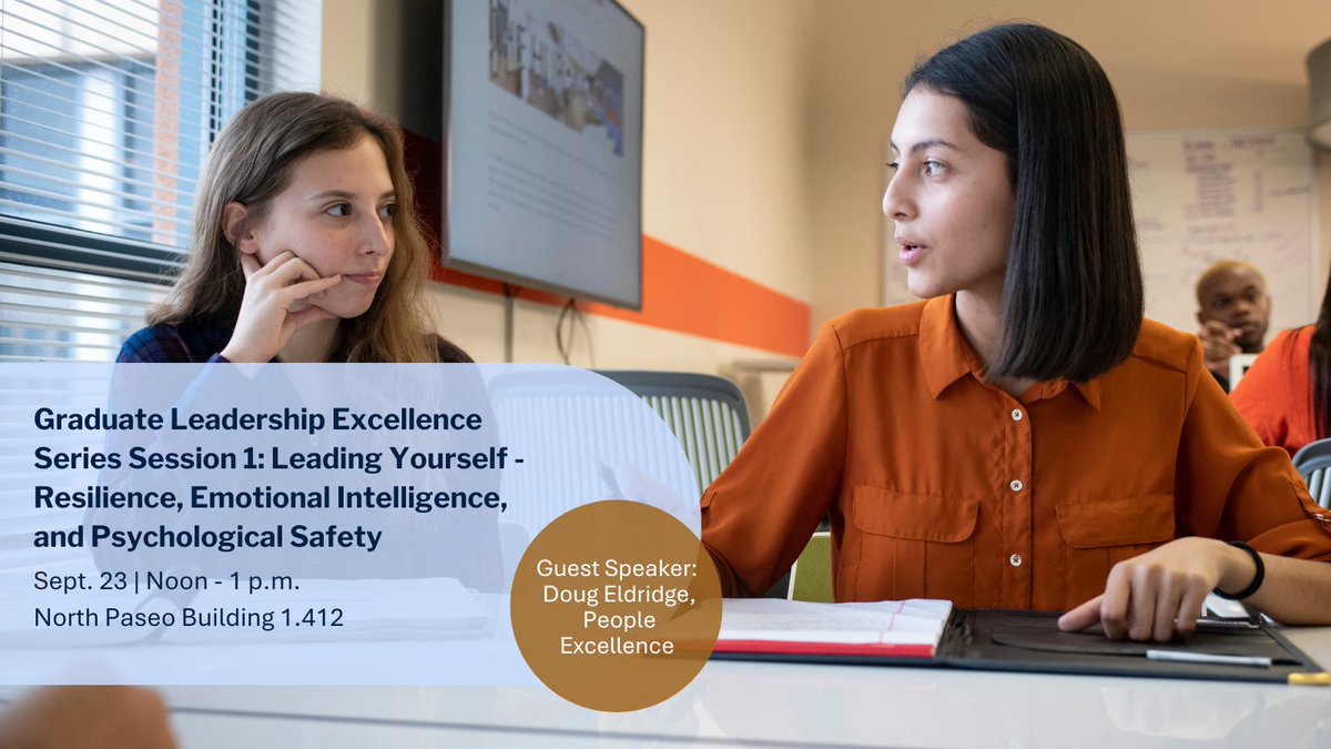 UTSAGradSchool's tweet photo. Grow as a leader while protecting your well-being! RSVP at https://t.co/Kk7gJiUgDo for our session on Sept. 23 to explore resilience, emotional intelligence and burnout prevention and learn strategies you can apply in any setting. https://t.co/kaDnB29zVt