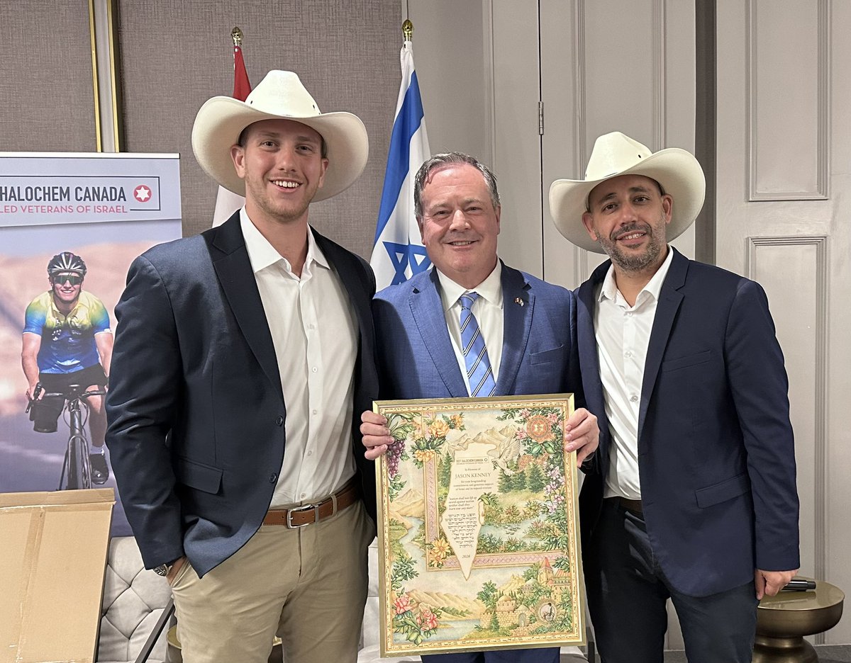 jkenney's tweet photo. Hugely honoured to welcome two remarkable Israeli heroes to Canada at a @BeitHalochem Gala in support of wounded Israeli veterans.
Eytan and Israel were both severely wounded in close combat with Hamas terrorists in Gaza.
All free people owe them and the brave men and women of the IDF a huge debt of gratitude for defending civilization against the violent theocratic barbarism of Hamas and its terrorist allies.