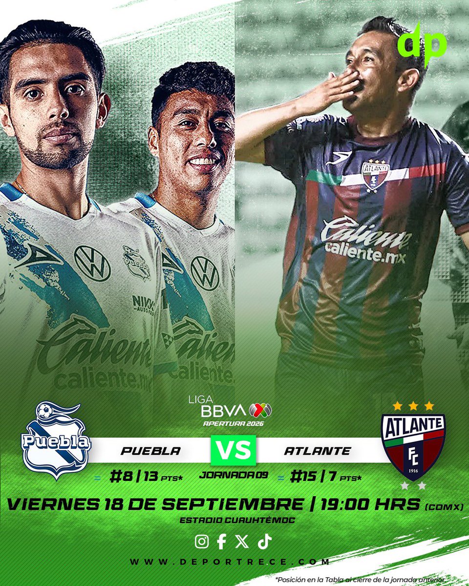 SomosDeportrece's tweet photo. El #AtlanteFC busca cortar su racha negativa de cinco partidos sin victoria en el #Apertura2026 (3 empates y 2 derrotas).
Aunque los Potros han perdido sus últimas tres visitas al #ClubPuebla en el Estadio Cuauhtémoc son 2 en Copa MX y 1 en la #LigaBBVAMX. https://t.co/6teLWLAPhj