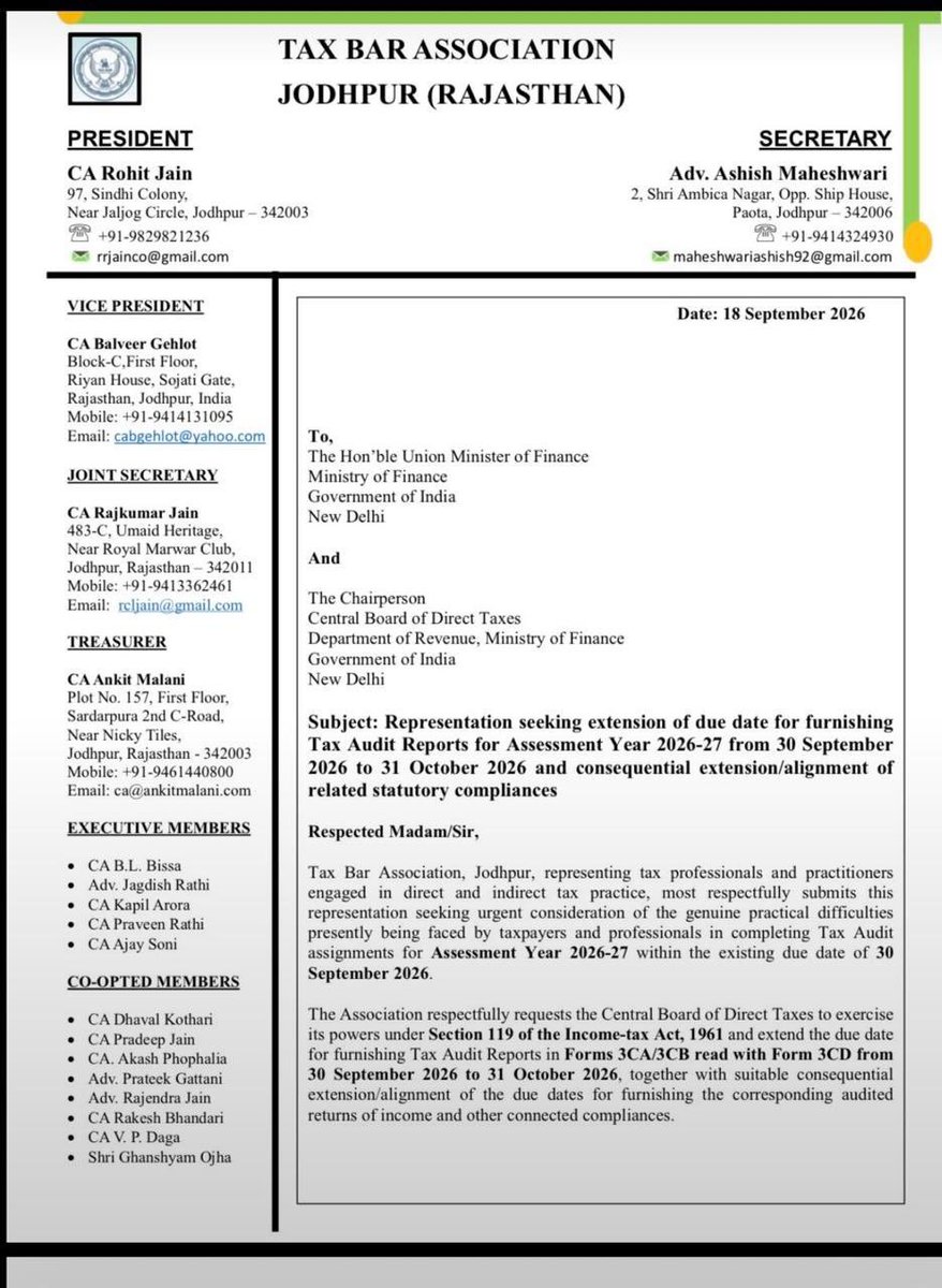 GIRIRAJMISHRA1's tweet photo. JODHPUR TAX BAR ASSOCIATION ( RAJ.) Represent @IncomeTaxIndia For Tax Audit Due Date Extension 

#ExtendTaxAuditDueDate
#incometaxindia https://t.co/47oDpvEKf2