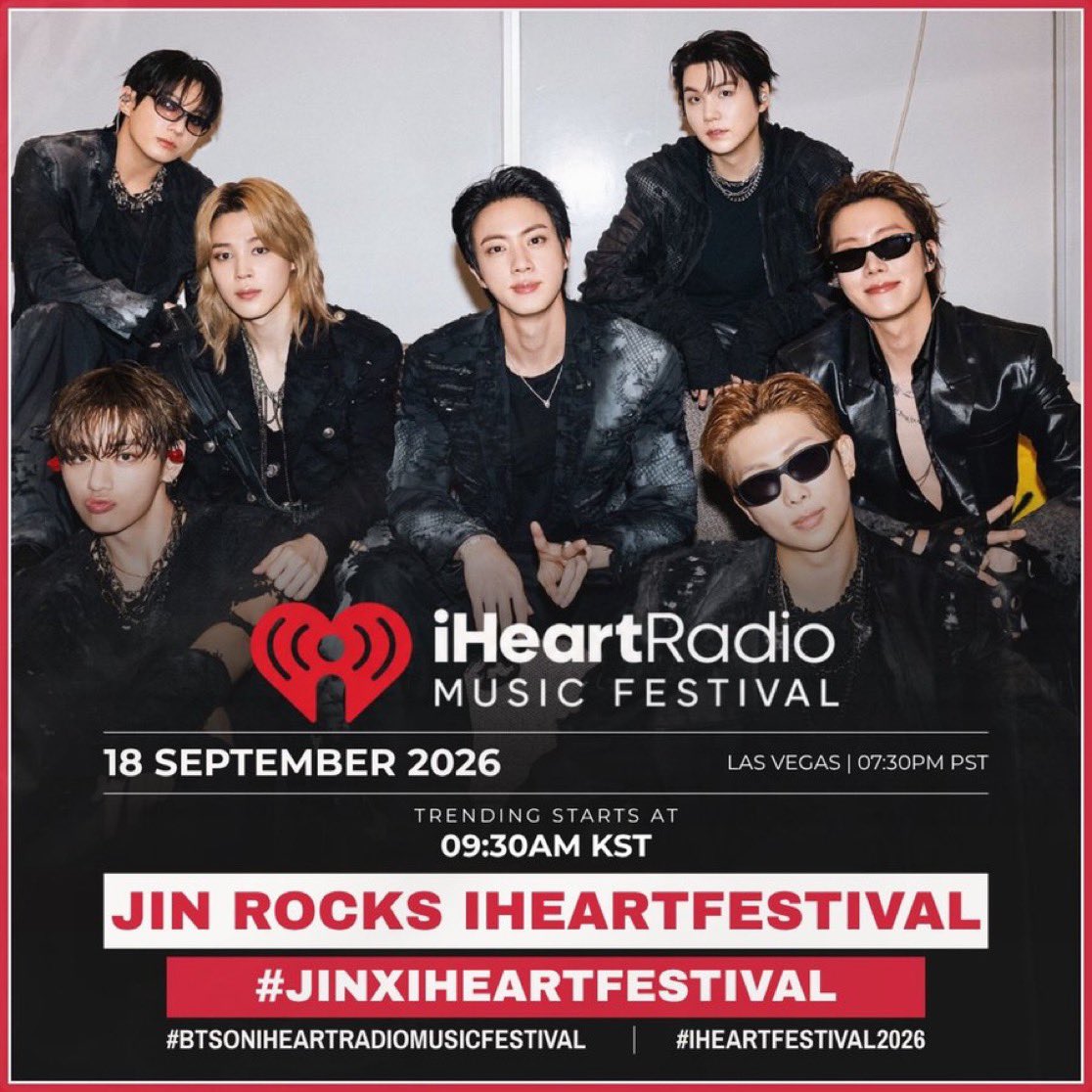 JP_Jinfanbase's tweet photo. 🎰 ラスベガスで開催されるiHeartRadio Music Festival 2026でJinのトレンドを盛り上げましょう！📣

📍RP&amp;Reply

JIN ROCKS IHEARTFESTIVAL
#BTSoniHeartRadioMusicFestival
#JinxiHeartFestival #iHeartFestival2026 https://t.co/fgocWrg1pL