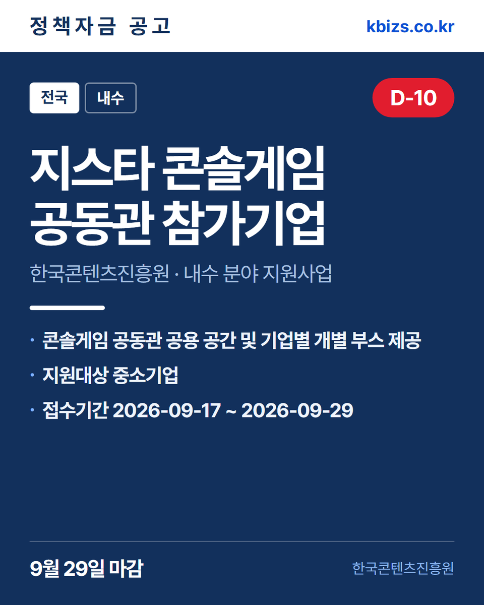 thekbizs's tweet photo. 오늘의 정책자금 공고 5건 · 내수·판로

① [전국] 2026년 모두의 아이디어 지정공… — 11월 16일 마감
② [전국] 2026년 IP기반 AI활용 지원… — 10월 11일 마감
③ [전국] 2026년 지스타 콘솔게임 공동관… — 9월 29일 마감

#소상공인정책자금 #정부지원정책자금조건 #내수 https://t.co/OGtNkjB2Pe