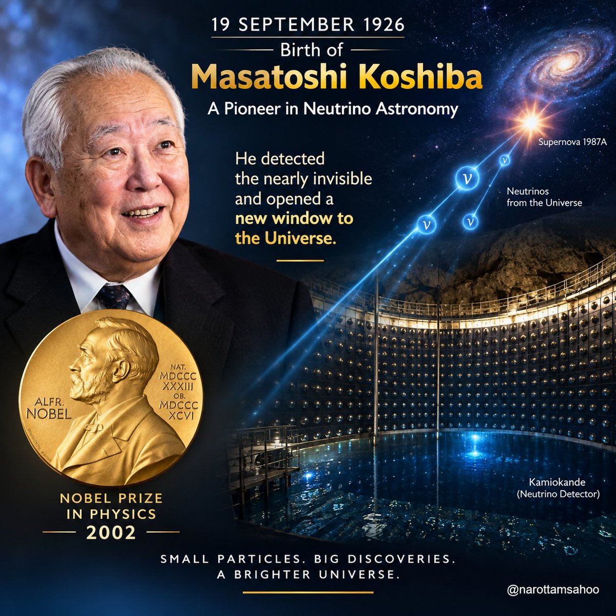 narottamsahoo's tweet photo. 19 September 1926 - The Birth of a Neutrino Pioneer!

#MasatoshiKoshiba showed us that even the most elusive particles can reveal the secrets of the #Universe.

By building the Kamiokande experiments, he detected faint signals from neutrinos - including those from the 1987 #supernova - opening a new window on the cosmos.

His pioneering work earned the 2002 #NobelPrize in #Physics.

When we learn to detect the nearly invisible, the Universe begins to speak.

@SciInteresting @curiousminds @popsci @asipoec @mygovindia