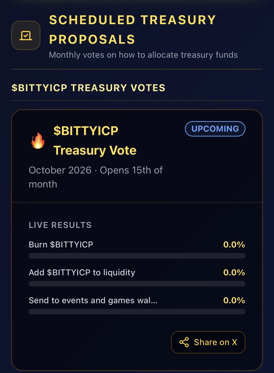 BITTYICP's tweet photo. Update to $BITTYICP and our Utility page “https://t.co/38QMmfvotY”

- $BITTYICP proposals remain every 15th of each month. Options are as followed.
>Burn Bitty
>Add Bitty to Liquidity
>Send Bitty to Events and Tournament Wallet

- No more scheduled $ICP proposals! $ICP collected into the Treasury will be stored until enough for a community proposal. This will be based off requests by the community and for project. These things can include;

>adding to liquidity pair (based off the $Bittyicp monthly proposals this will be a solid option you can see on these community proposals) 
>Send to Events and Tournament Wallet 
>Send to Investment Neuron
>the requests will be open when we have the OPENCHAT community created 

Members will be able to post requests for what they want done with the $ICP stored in the Bank, and we then will host a proposal when we have enough requests or funds to host a proposal worth having. 

- Our creative Governance voting platform is unique, voting is not simply yes or no, and you the voters create the outcome of your rewards given 🧡🔥

-Now on the app is displaying a project wallet that will be used for project needs in the future such as developing and marketing. Looking into locking this wallet for a couple years. will add to the project wallet as time goes on. Trying to create a sustainable project that was launched without control has not been easy but I think it’s very achievable. 

-“Events and “Tournaments” wallet is now displaying. Will add more $bittyicp and $ICP as we carry forward and look to host events and tournaments to drive up community numbers and spirit 

-Burn wallet still there, but will have to add a total amount burned tally. As when I burn tokens from this wallet the balance shows 0 

-Liquidity wallet is there and ready to start filling up. A pair created by the bank will be added. And viewable. 
>any future pairs as we grow and create a few on different platforms and exchanges, will also be listed here

-there are still many things to work out but we are going to be rocking the #INTERNETCOMPUTER very soon. 

-Values may seem very low in $USD value. But our TVL is as such and we will grow. Every project has to have a beginning. I have no plans for an end only more developments and a major in depth strategy to unravel in the coming years. The “BITTYICP BANK” will be something to be proud of and holding a strong future. 

-Games updating and more to come 
-Events and tournaments 
-Community proposals and project governance
-Community growth 
-TVL Growth 

https://t.co/w6dTXVglrh 
https://t.co/1VYOzvQz0J

Go check it out! This is the sleeping Giant

Thank you for your time 🧡  

#BITTYONICP #ICP #UTILITY #MEMECOIN #BTC #CRYPTO 
#Games #Governance #Community