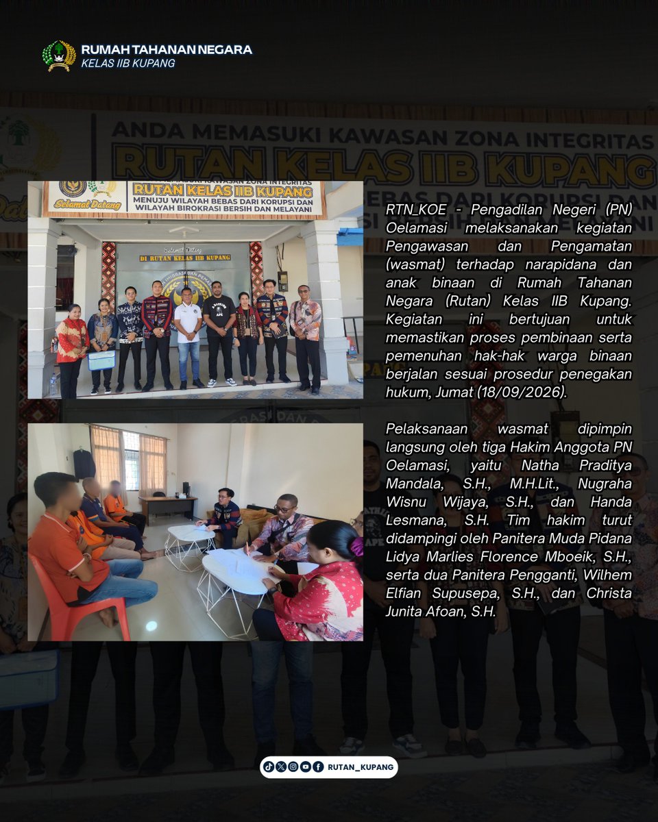 rutankupang's tweet photo. “Wujud Transparansi dan Humanis, Rutan Kupang Dukung Penuh Kunjungan Rombongan Hakim Wasmat PN Oelamasi” https://t.co/ZMK47EVOLT