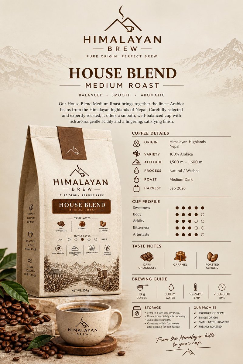 Brew_himalayan's tweet photo. From the Himalayan hills of Nepal to your cup. ⛰️☕

Himalayan Brew — House Blend | Medium Roast

100% Arabica • Dark Chocolate • Caramel • Roasted Almond

Pure Origin. Perfect Brew.

#HimalayanBrew #NepalCoffee #Coffee https://t.co/mF0Jijzd3u