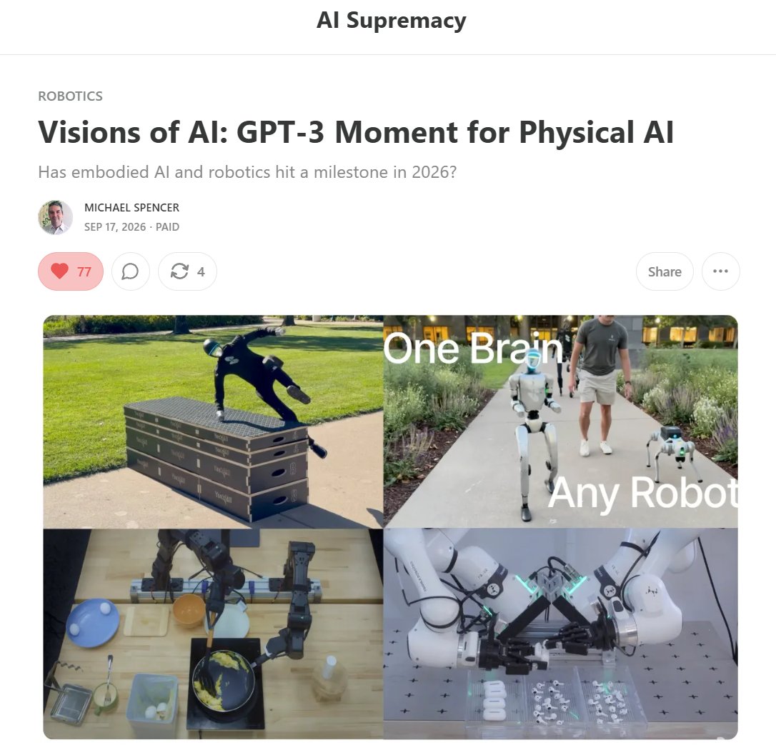 ReadFuturist's tweet photo. The way things are going with Embodied AI, it's not incredulous to say that 2027 will be the GPT-3 Moment for Robotics. 

Thanks in part to startups like @SkildAI, @GeneralistAI, @physical_int and other labs in China. 

Robotics has a path for real-world adoption in the decade. https://t.co/x5pbPRnPn7