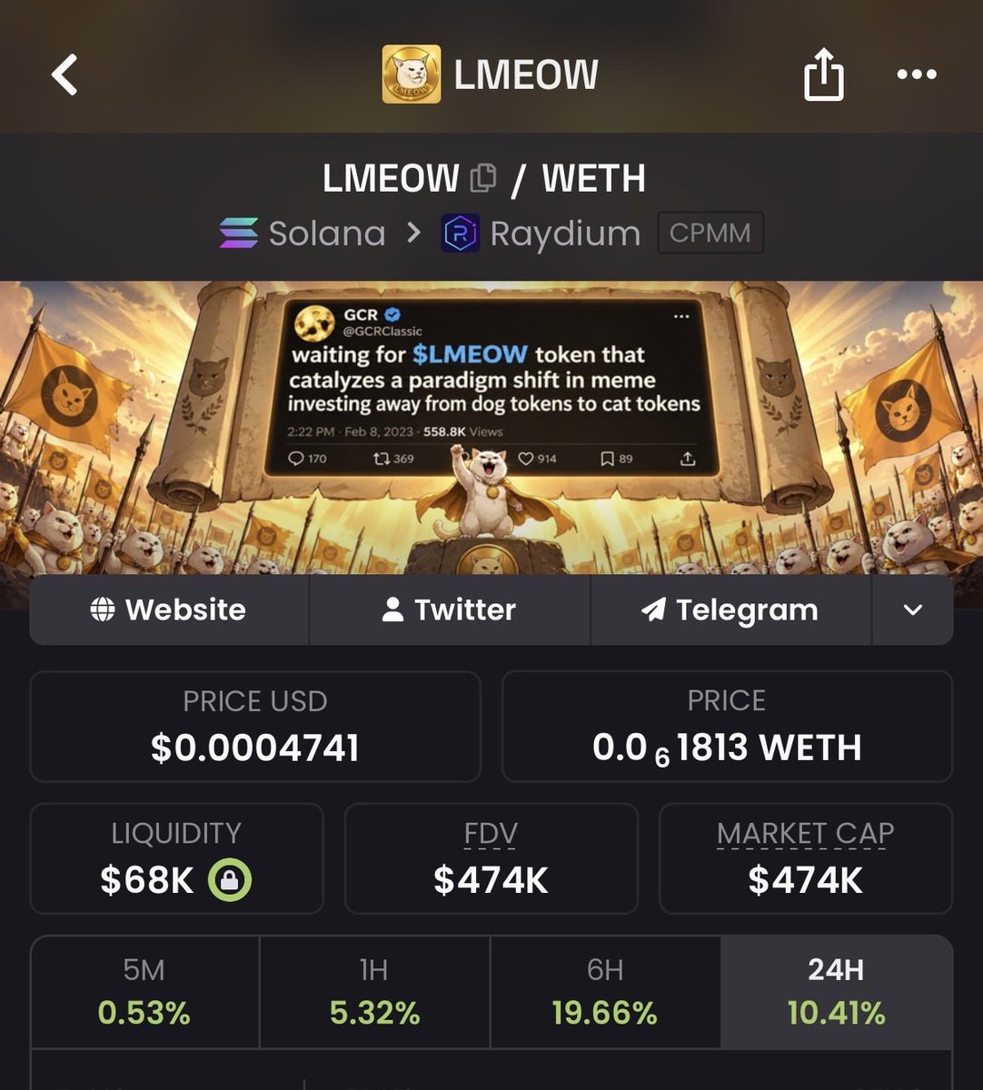 dragonmeiser's tweet photo. take a look at Lmeow on Stonk paired with ETH 

i respect the way you trade a lot and Lmeow holders remind me of the early Cate holders that sent it parabolic truly think it will be the leading ETH Stonk pair and reprice 10m+ like the other top cats

476MWyHnzcUc2jAnBxdqVBFZpArT3VGGwPsUHjnjA3GC