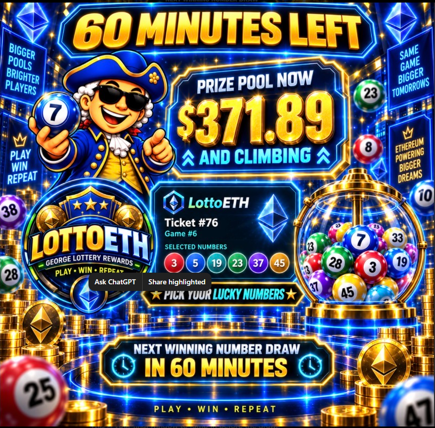 GameNight_GGG's tweet photo. 🚨 LOTTOETH UPDATE | 60 MINUTES LEFT 🚨

The next LottoETH Winning Number Draw is just 60 minutes away. ⏰

💰 Prize Pool Now: $371.89
📈 And climbing

This is your final window to jump in before the draw.

✅ Pick your lucky numbers
✅ Join the pool
✅ Watch the next winning number draw in 60 minutes

Play • Win • Repeat

PARTICIPATE:
https://t.co/smXnclRMCp
EXPLORE:
https://t.co/TZMW2x7Af0

#georgeFOC #LevelUP #GameFi #Web3Gaming #presale #GIME #GOAL #GAPS #DeFi #Web3 #GGG