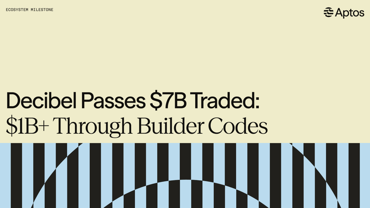 Aptos's tweet photo. $7B+ traded on @DecibelTrade. $1B+ of it through Builder Codes.

Different apps, one shared orderbook. Wallets, frontends, and bots plug in directly. Every order is settled onchain on Aptos, where every trade burns $APT.

Liquidity that doesn't fragment. https://t.co/Gx8LZ9gFA1