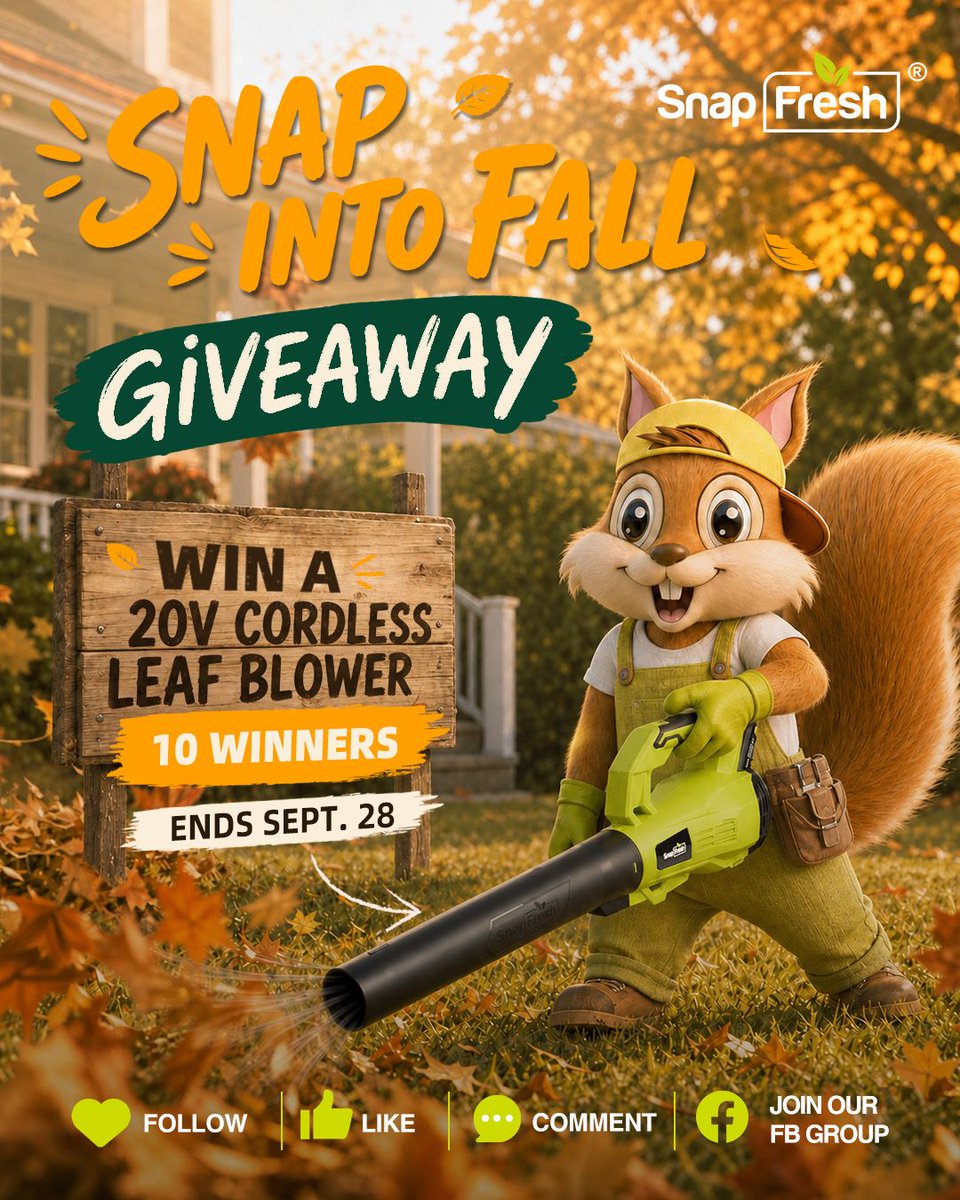 snapfreshtools's tweet photo. 🎁 𝐒𝐍𝐀𝐏 𝐈𝐍𝐓𝐎 𝐅𝐀𝐋𝐋 𝐆𝐈𝐕𝐄𝐀𝐖𝐀𝐘 🍂

Counting down to the first day of fall… 🍁
As colorful leaves begin to cover patios, driveways, and lawns, it’s time to get your outdoor space fall-ready—with a little cordless power! 🧡

𝐖𝐡𝐚𝐭’𝐬 𝐭𝐡𝐞 𝐏𝐫𝐢𝐳𝐞:
🏆 Win a SnapFresh 𝟮𝟬𝗩 𝗖𝗼𝗿𝗱𝗹𝗲𝘀𝘀 𝗟𝗲𝗮𝗳 𝗕𝗹𝗼𝘄𝗲𝗿 (𝟭𝟬 𝗪𝗶𝗻𝗻𝗲𝗿𝘀)

𝐇𝐨𝐰 𝐭𝐨 𝐄𝐧𝐭𝐞𝐫:
🍂 Follow us @snapfreshtools
🍂 Like & repost this post

📅 𝐃𝐞𝐚𝐝𝐥𝐢𝐧𝐞: Sep. 28

Make fall yard cleanup easier—enter via Gleam! >> https://t.co/ENlC2USDSe

#snapfresh #diywithease #snapintofall #giveaway #leafblower #yardcare #hellofall