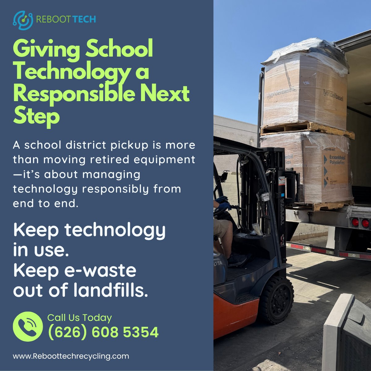 RebootTechLLC's tweet photo. Giving School Technology a Responsible Next Step
Retired school devices can be securely collected, tracked, and evaluated for reuse, value recovery, or responsible recycling.

📞 (626) 608-5354
🌐 https://t.co/jL5WKalEb0

#SchoolIT #ITAD #TechReuse #EwasteRecycling https://t.co/T5nr0iUE3E