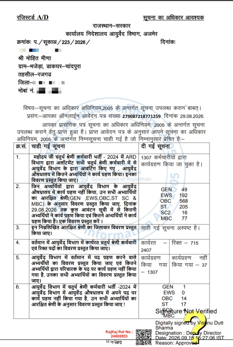 aalu_xc's tweet photo. चतुर्थ श्रेणी भर्ती 2024 – आयुर्वेद विभाग

RTI के अनुसार, 1307 अभ्यर्थियों ने जॉइन किया, 37 ने जॉइन नहीं किया तथा विभाग में 715 पद रिक्त हैं।

जिन साथियों ने जॉइन नहीं किया है या रिक्त पदों की जानकारी रखते हैं, कृपया साझा करें। https://t.co/5Lle5Na2yj