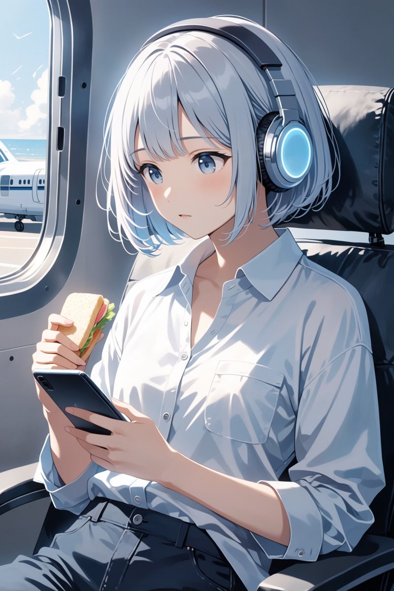 make_usagi's tweet photo. 土曜日はゑるねに旅行をさせる日なんだけどAIがぽんこつなのか空港でスマホ見ながらサンドイッチを頬張っているシーンばかりが量産されている。目的地リスボンまで行けるのか？  #AIイラスト https://t.co/1AW8rbctO7 https://t.co/9Yc6QBYR47