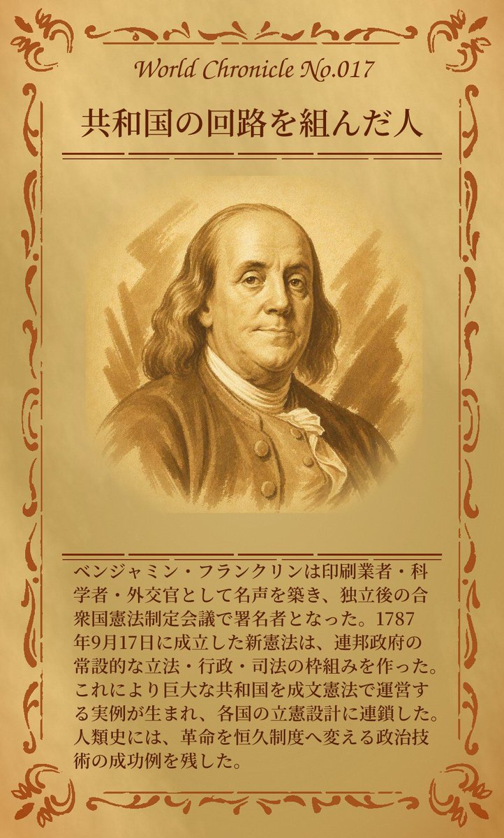 WORLDSTORY73's tweet photo. 停電より先に困るのは、ルールの断線かもしれない。ベンジャミン・フランクリンが関わった合衆国憲法の設計は、広い社会を争いのたび作り直さず回す道具になり、私たちの働き方や権利の前提にも残っている。

1日1枚、世界の見方が増える。
次の1枚は、明朝9時。

#WORLDCHRONICLE #共和国の設計図 https://t.co/z2sqk53kev