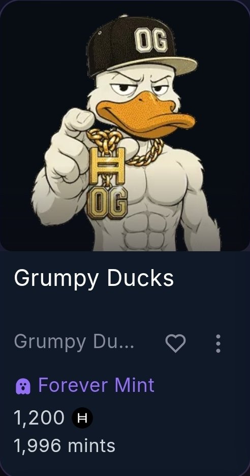 DeFiWiseWhales's tweet photo. Happy to call myself a Grumpy Duck holder!

Just about 2k forever mints, and almost 700k HBAR volume in the last 6 hours!

Folks, Hedera has NFT's. Shout out to the whole ecosystem!

Onward and upward! Eyes on the ducks. https://t.co/jRmsWj9ZKV