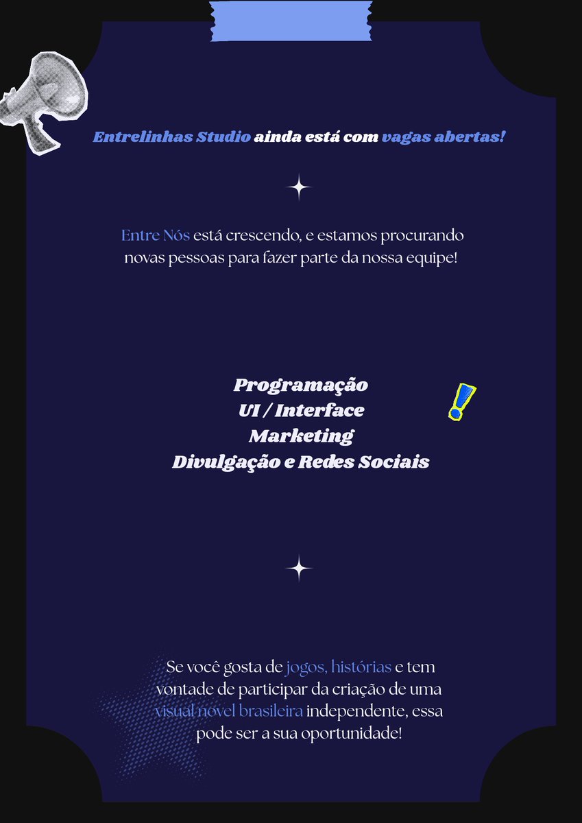 EntrelinhasStd's tweet photo. Quer fazer parte de #EntreNós ?
Preencha nosso formulário de interesse:
https://t.co/qOTKzhAfO0
 Outras áreas também estão abertas para novos colaboradores.
#VisualNovel https://t.co/DB3IcoY1Sz