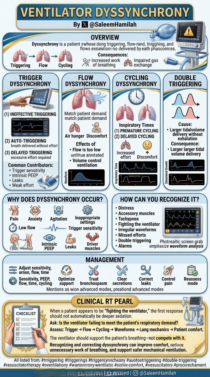 SaleemHamilah's tweet photo. Patient-Ventilator Dyssynchrony occurs when a mechanical ventilator's delivered breath does not match a patient's natural breathing pattern and respiratory demands.

Saleem N. Hamilah 

#RespiratoryCare #respiratorytherapist #mechanicalventilation #be_anRT #WorldNeedsMoreRTs https://t.co/tRVKLF7nWm
