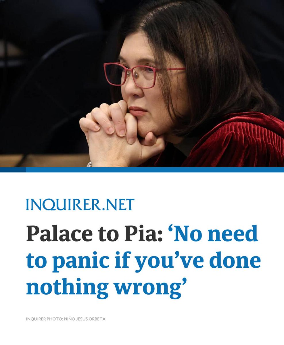 inquirerdotnet's tweet photo. Malacañang on Friday said Sen. Pia Cayetano need not panic if she has done nothing wrong.

READ MORE: https://t.co/GezSXfhWeI https://t.co/K5C3JGqcIR