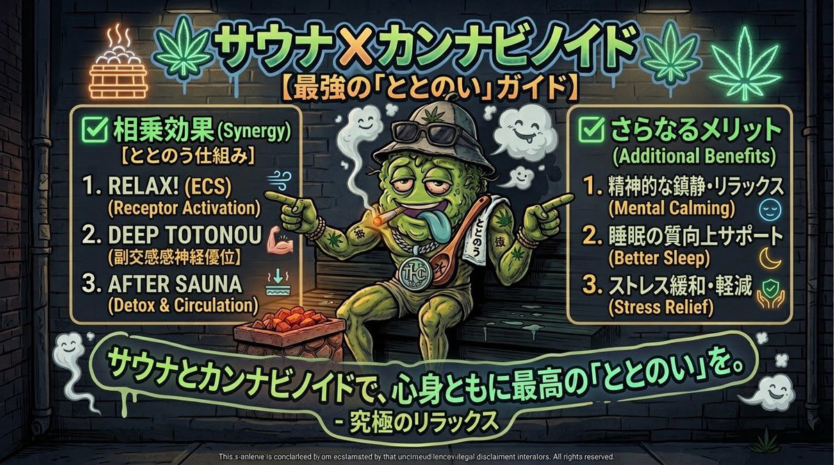KushSAUNA's tweet photo. サウナで汗を流す。🧖‍♀️

休憩でゆっくり呼吸する。
そして、自分自身と向き合う。

「ととのう」時間をもっと楽しむために、
カンナビノイドという選択肢について知ってみませんか？✨

♨️ SAUNA × 🌿 CANNABINOID
あなたのリラックスタイムに、新しい視点を。

#サウナ  #カンナビノイド #CBD https://t.co/B57fJ3azgv