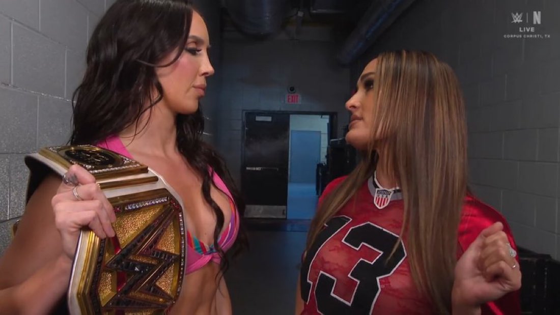 WrestlePurists's tweet photo. Nikki Bella tells Chelsea Green she’ll be going after the WWE Women’s Championship 

#SmackDown https://t.co/wpBLt5jxaP