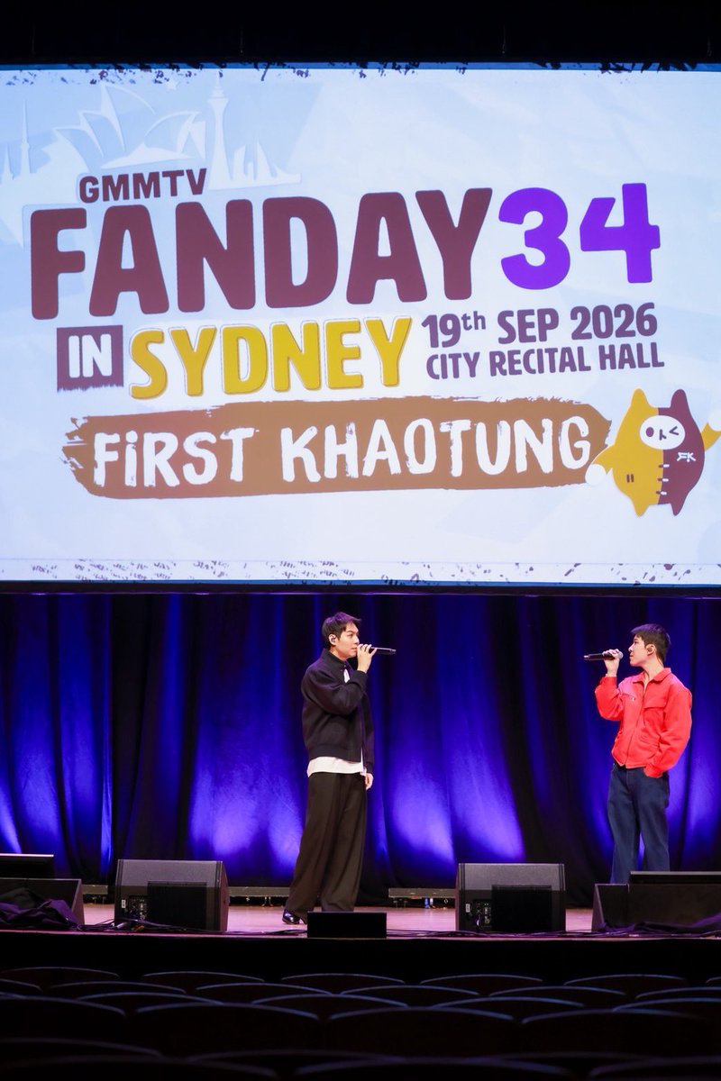 GMMTV's tweet photo. SYDNEY, THE WAIT IS OVER!
FIRST &amp; KHAOTUNG ARE HERE
Get ready to make some noise! 📣💫

#GMMTVFANDAY34INSYDNEY
#FirstKhaotungXFanday34inSYDNEY
#GMMTV https://t.co/6Q90fx3tmQ