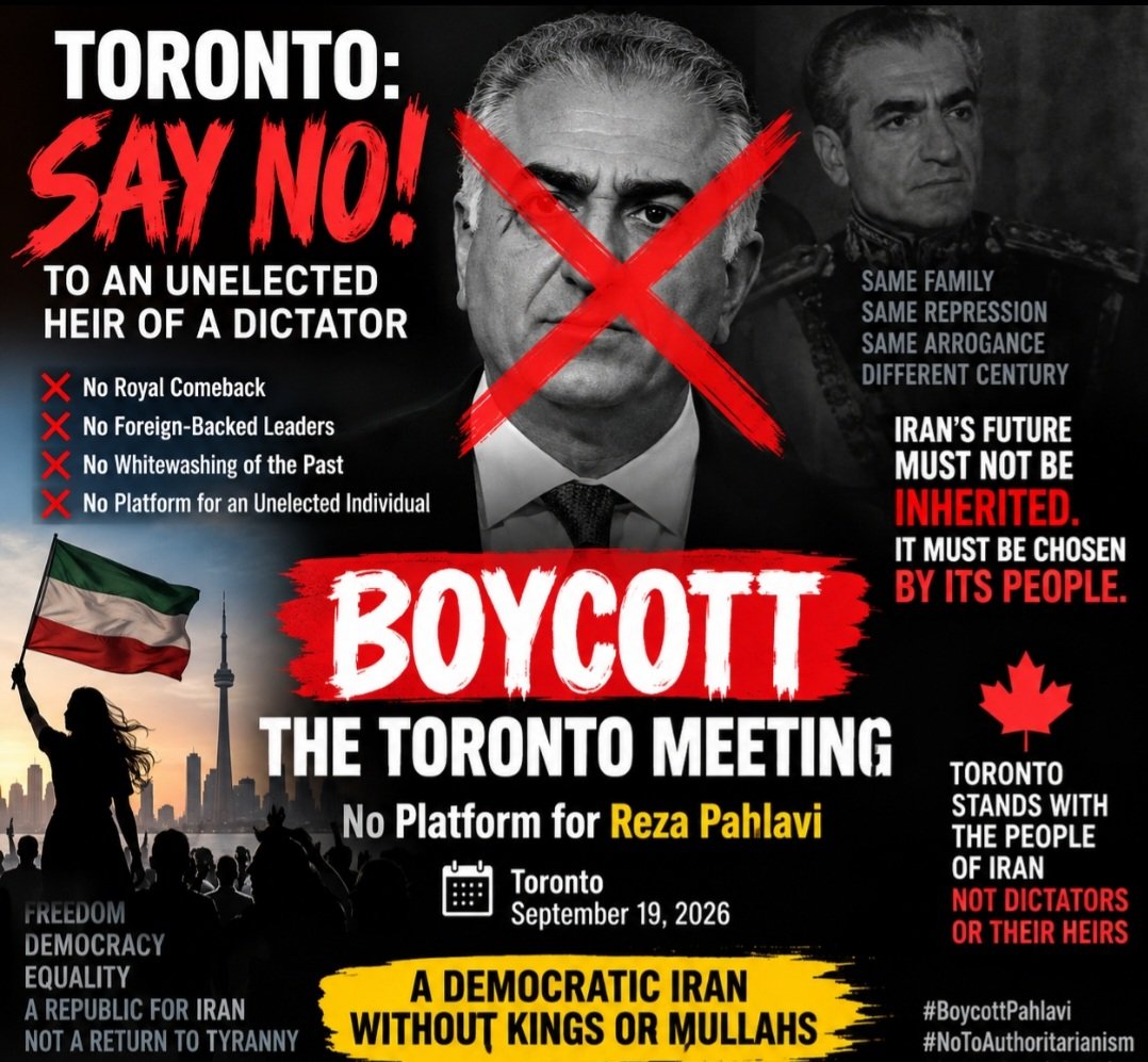 Javad_Hatami1's tweet photo. 1/7
Tomorrow, Pahlavi will appear in Toronto alongside  Poilievre. One principle must remain clear: no meeting, stage,royal title or foreign politician can give an unelected individual a democratic mandate to represent the Iranian people #No2ShahNo2Mullas
#YesToDemocraticRepublic https://t.co/u1Po2jeXz1