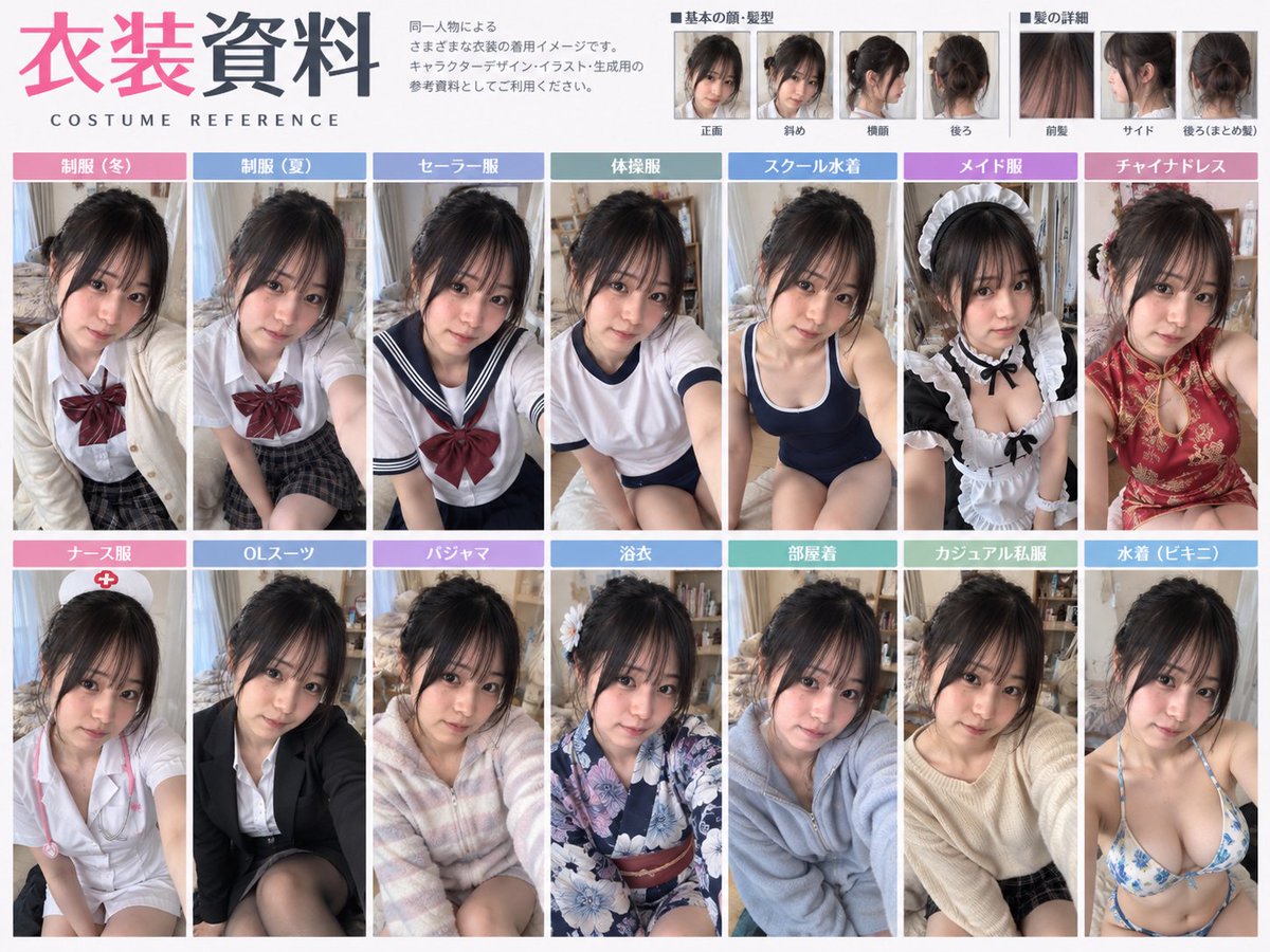 1banana2546's tweet photo. GPT Image 2.5でコスチュームのリファレンスボードを作りました。
これは目次みたいなもんですね。
これを元に展開していくみたいな感じです。

作り方は、1ステップ。
①添付画像をつけて「色んな衣装のパターンをリファレンスボードにして」と言うだけ

※．お使いの環境によって出力は異なります。 https://t.co/ZRRitZRrB4