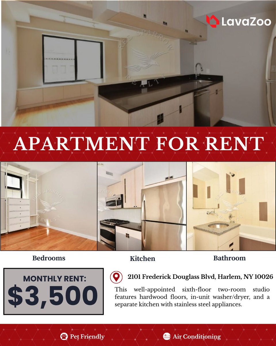 lavazooRE's tweet photo. 🏙️ SOUTH HARLEM LIVING 🏙️

Step into this thoughtfully designed sixth-floor two-room studio. Well-equipped, quiet studio in modern South Harlem with easy access to the B, C, 1, 2 & 3 trains and multiple MTA bus routes — don't miss this opportunity! ⚡

Features:
🍳 Separate kitchen with stainless steel GE appliances, gas range & dishwasher
👕 In-unit washer/dryer
🛁 Full-size tub bathroom
🏋️ Fitness center
🌇 Rooftop deck
🛗 Elevator
🚲 Bike storage available

View the full listing on Lavazoo and discover more incredible NYC apartments today!

#NYCRealEstate #ApartmentHunting #RentNYC #JustListed #HarlemNYC