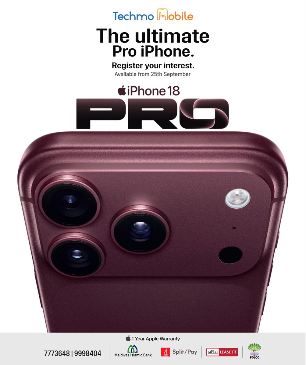 MvTechmo's tweet photo. The wait is over!🔥 iPhone 18 Pro | iPhone 18 Pro Max available from 25th Sept. Register your interest at Techmo Mobile.

Activate In-Store &amp; Get a FREE Apple 20W Adapter! 
#iphone18pro #iphone18promax #maldives #techmomobile https://t.co/GDXImNK85x