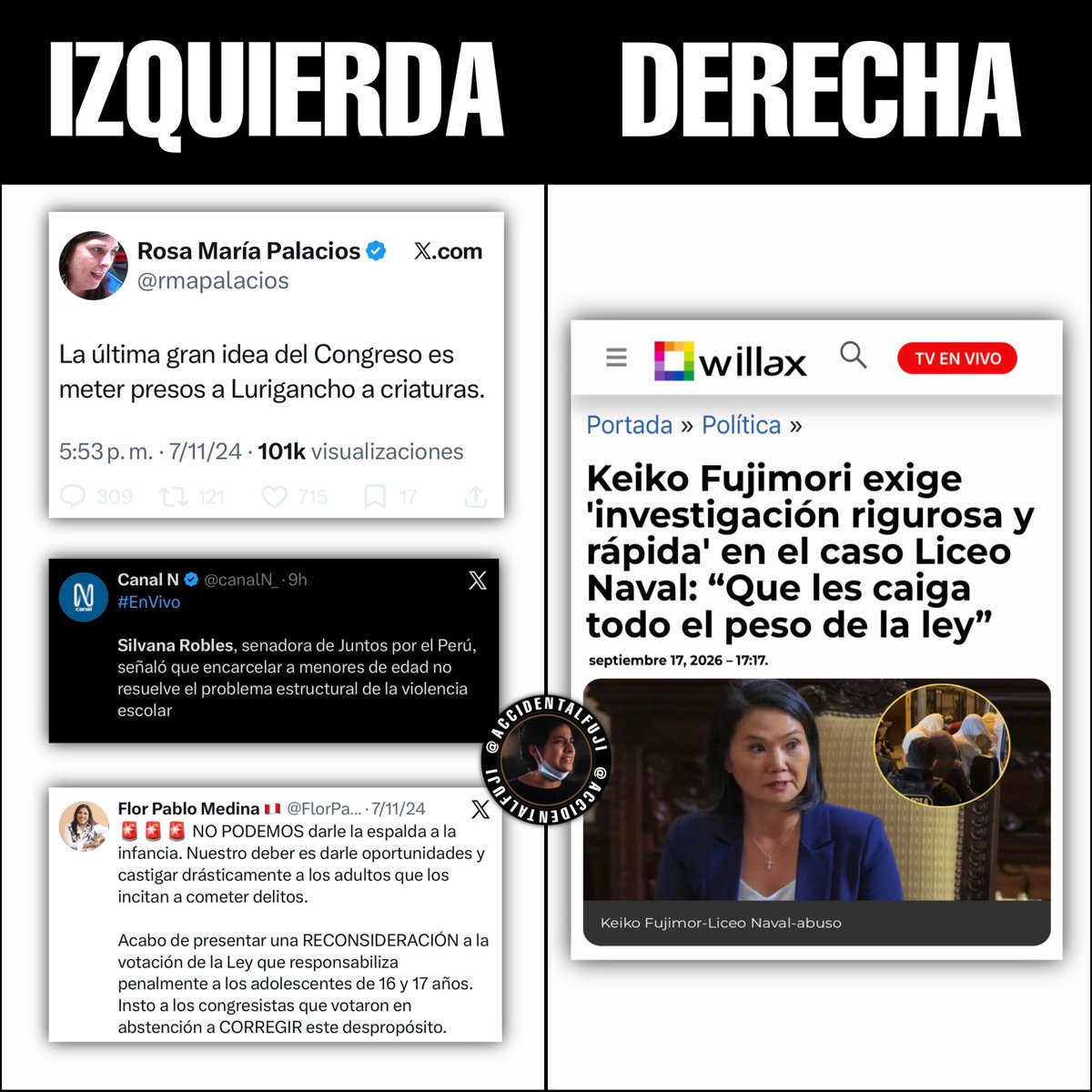 AccidentalFuji's tweet photo. La izquierda y la derecha frente a menores de edad que cometen crímenes como en el caso del Liceo Naval. https://t.co/Bh8po9dFwK