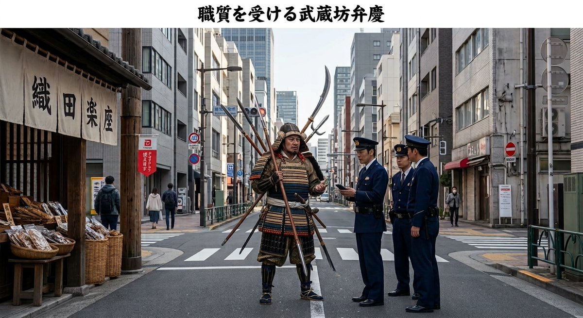 timeleap_take's tweet photo. 職質を受ける武蔵坊弁慶
「銃刀法違反って何や？」

#現代に迷い込んだ偉人 #武蔵坊弁慶 #銃刀法違反 #AI画像 https://t.co/T7y43gmnlX