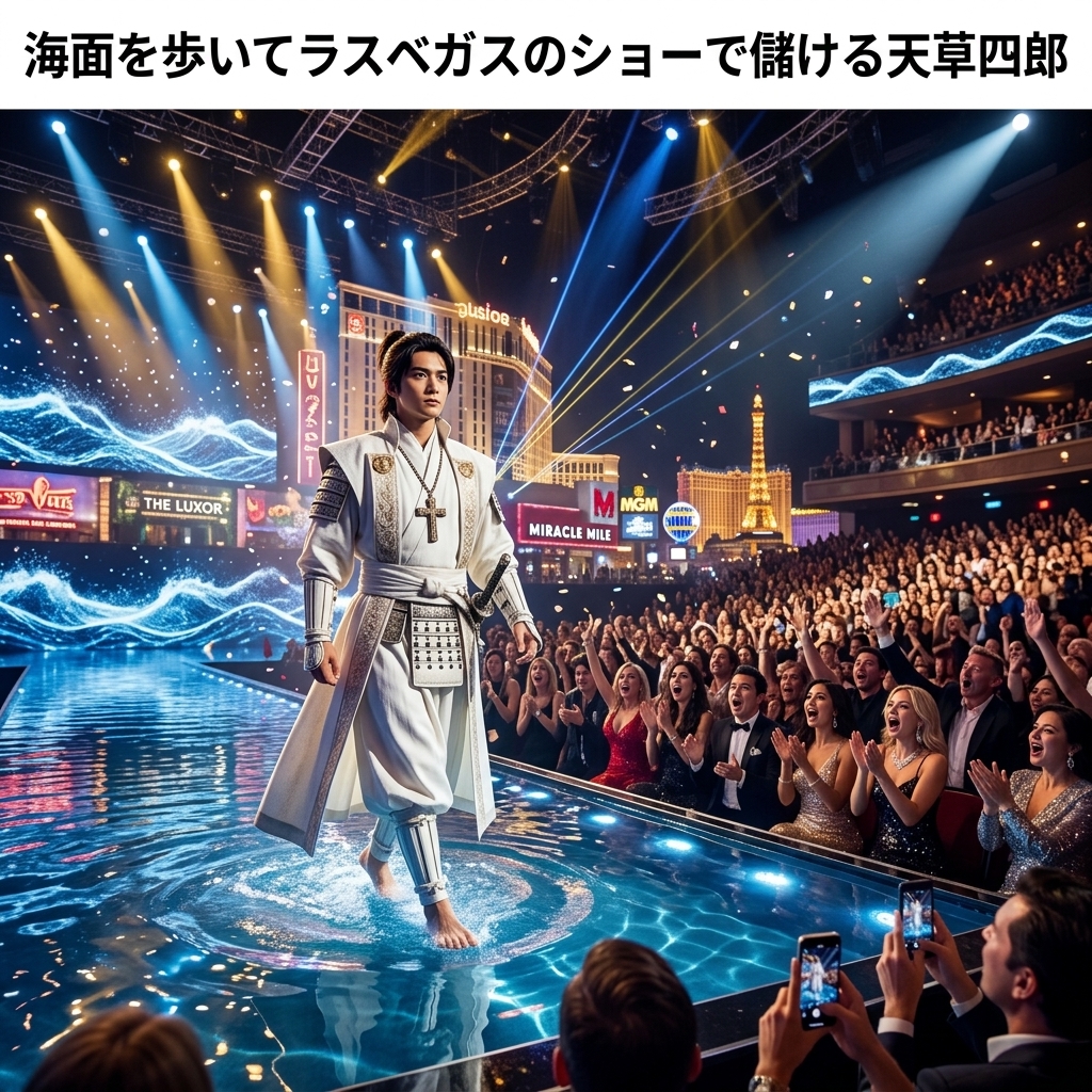 timeleap_take's tweet photo. 海面を歩いてラスベガスのショーで儲ける天草四郎
「魚も呼べるで」

#現代に迷い込んだ偉人 #天草四郎 #ラスベガス #AI画像 https://t.co/jsz83f9Cqz