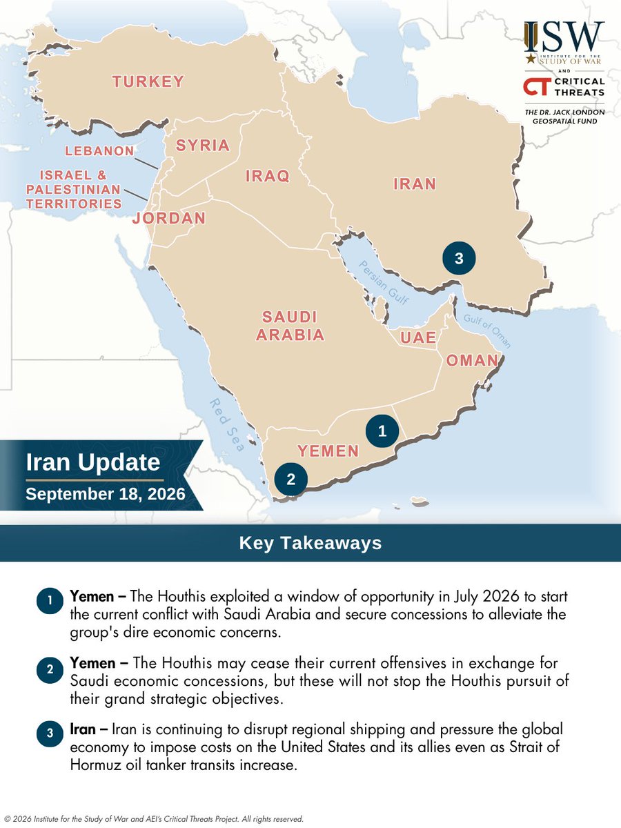criticalthreats's tweet photo. The Houthis exploited a window of opportunity in July 2026 to resume their war with Saudi Arabia and secure concessions from Saudi Arabia that would alleviate the group's dire economic situation. The Houthis, with Iranian backing and encouragement, sought to impose economic pressure on Saudi Arabia to accomplish their objectives because the group sees economic pressure as a useful lever that has previously forced Saudi capitulation to Houthi demands.