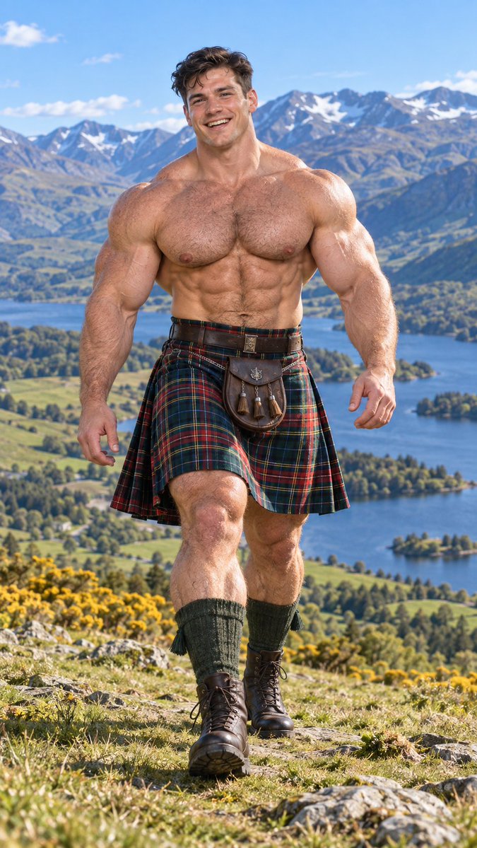 CharmingMalay's tweet photo. Highland Romance. Come explore what's under the tartan ... #fyp #muscles #kilts #scottishhighland #aiart https://t.co/kkW23agdjX