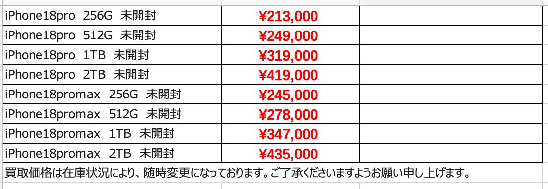 instant0920's tweet photo. 9/19
Iphone18 買取価格更新
 #iPhone18 #iPhone18pro https://t.co/wIrWGyxFSi
