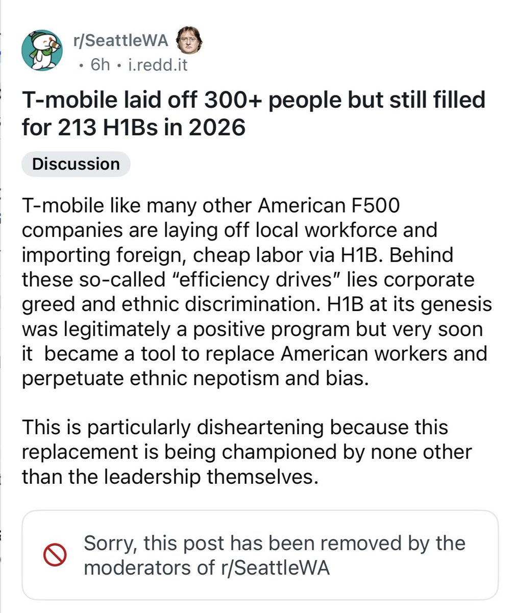 AlastairMac1964's tweet photo. Are we not allowed to call out Telugu-Mobile for firing Americans and hiring H-1B. Why was this post deleted? https://t.co/12kFnKrrrk