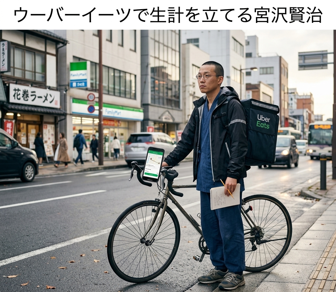 timeleap_take's tweet photo. ウーバーイーツで生計を立てる宮沢賢治
「雨ニモマケズ」

#現代に迷い込んだ偉人 #宮沢賢治 #ウーバーイーツ #雨ニモマケズ #AI画像 https://t.co/UmUhRKpdln