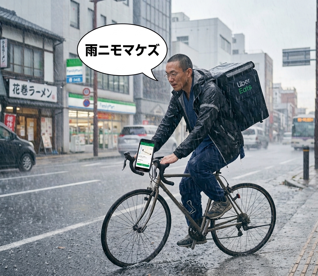 timeleap_take's tweet photo. ウーバーイーツで生計を立てる宮沢賢治
「雨ニモマケズ」

#現代に迷い込んだ偉人 #宮沢賢治 #ウーバーイーツ #雨ニモマケズ #AI画像 https://t.co/UmUhRKpdln