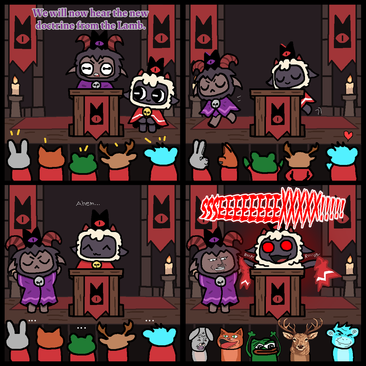 WaddleSnake's tweet photo. A silly little comic I made for my anniversary based off the last Cult of the Lamb session the wife and I played.

As soon as Sin was unlocked it was over. She couldn't be stopped.

The Mating Tents had claimed the land.

#cultofthelamb https://t.co/G3sxWtgf0i