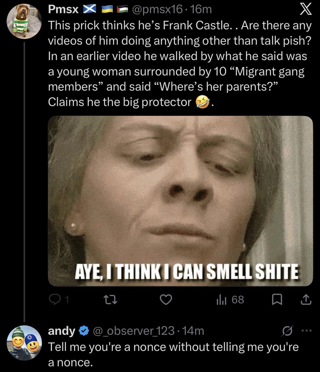 pmsx16's tweet photo. If “you must be a nonce” is the only response you can manage when someone points out your bullshit, you’re not exactly making a strong case for your credibility. Keep wanking off to your cosplay videos of you pretending you are the Hero Glasgow City needs but doesn’t deserve. https://t.co/6KGQWHyR2M