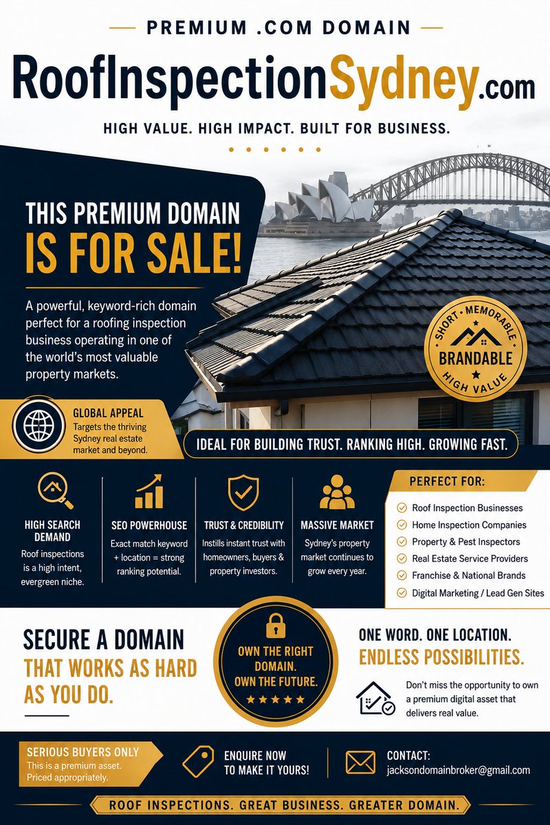 OgVesty's tweet photo. Quick question for Sydney roofers — did you see https://t.co/nozFpdtJtg is available?You can point it to your current site the same way Facebook uses https://t.co/rOb32kM16L. No brand change needed.Discounted one-time price: $350.
Secure it here: https://t.co/mDACdBa3Gc
@Sydney @GoDaddy
#SydneyRoofing #RoofInspection #DomainForSale