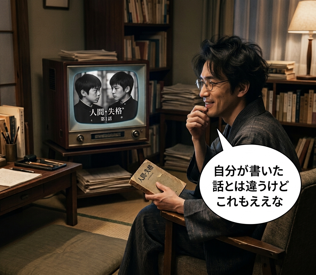 timeleap_take's tweet photo. ドラマ化されたと思い「人間・失格」を見る太宰治
「自分が書いた話とは違うけどこれもええな」

#現代に迷い込んだ偉人 #太宰治 #人間・失格 #人間失格 #AI画像 https://t.co/ZB0fpTyOda