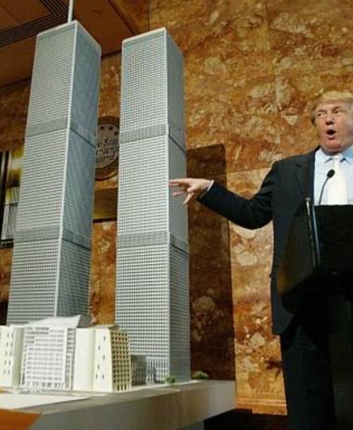 TheOlChippy's tweet photo. Donald Trump, then a New York real estate developer, presented his own proposal for rebuilding the World Trade Center.

Instead of the Freedom Tower plan, he backed “Twin Towers II”, two towers modeled closely after the originals, but slightly taller and stronger.  

Trump said the goal was simple: rebuild the World Trade Center as the World Trade Center, “but better, a little bit taller, a lot stronger.”  

It obviously never happened, but it is interesting to see how serious the debate over rebuilding the Twin Towers still was nearly four years after 9/11.