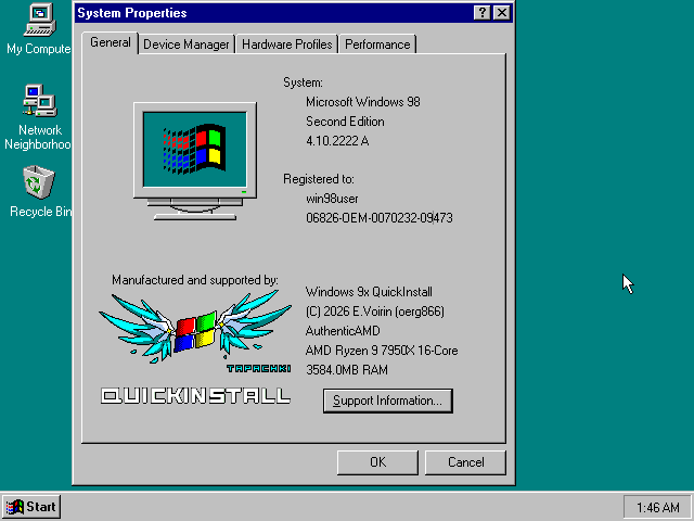oerg866's tweet photo. Windows 98 / ME QuickInstall v1.1.0 is RELEASED!

- Lots of driver library updates
- Integrated NTFS support
- Experimental HD Audio driver
- Voodoo 1/2 patches for fast PCs
- Patched NDIS2 connection stalls
- Show device ID in hardware installers https://t.co/tvqH58FnO7